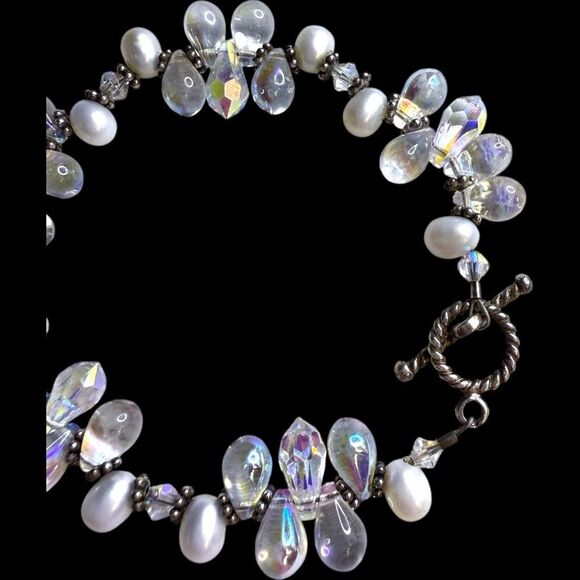 SWAROVSKI Crystal Genuine Freshwater Pearl and Aurora Borealis AB Teardrop Cryst - Picture 2 of 5